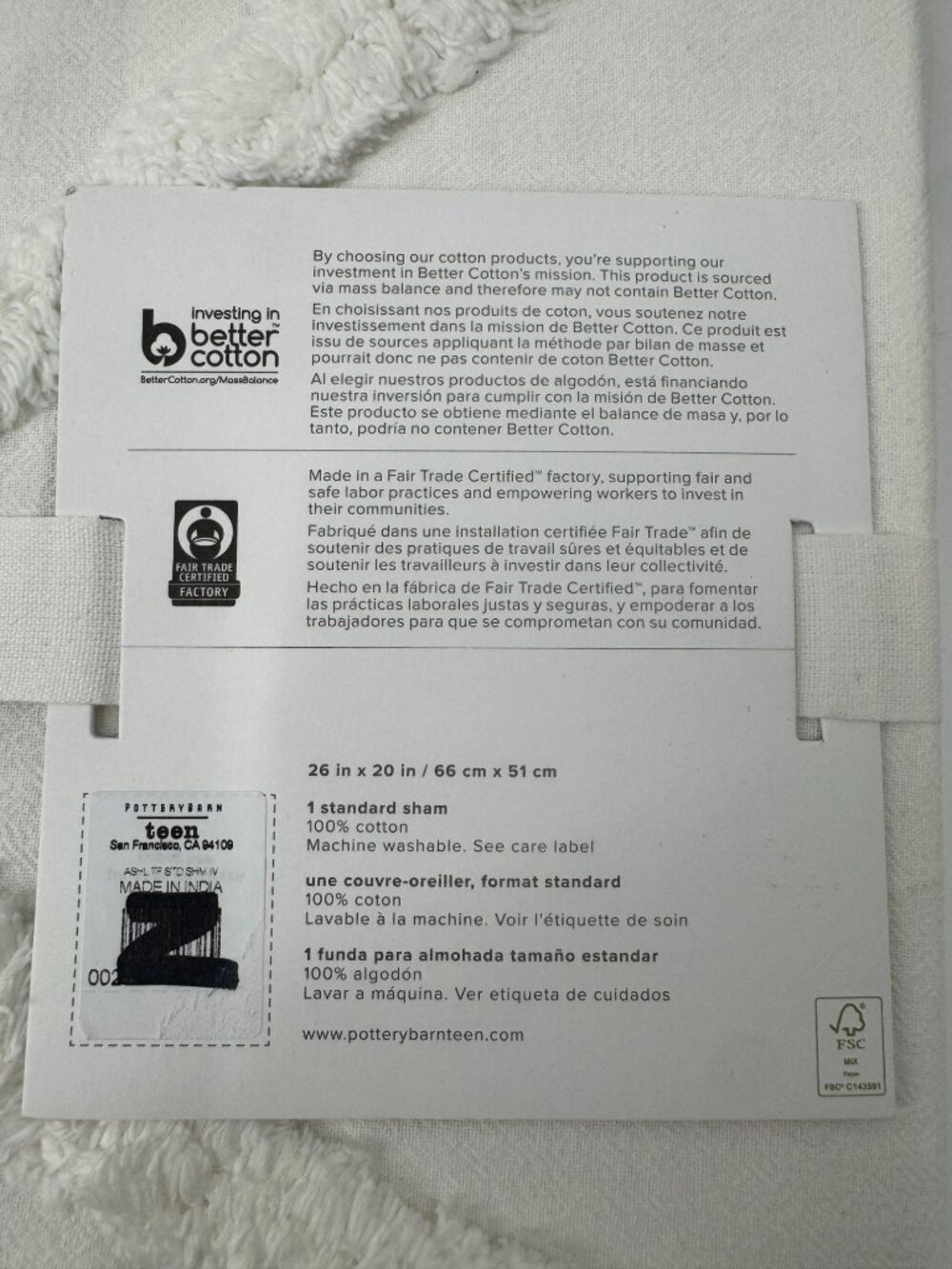 Ashlyn Tufted Standard Sham 100% Cotton off White Pottery Barn Teen Machine Wash - Picture 5 of 5